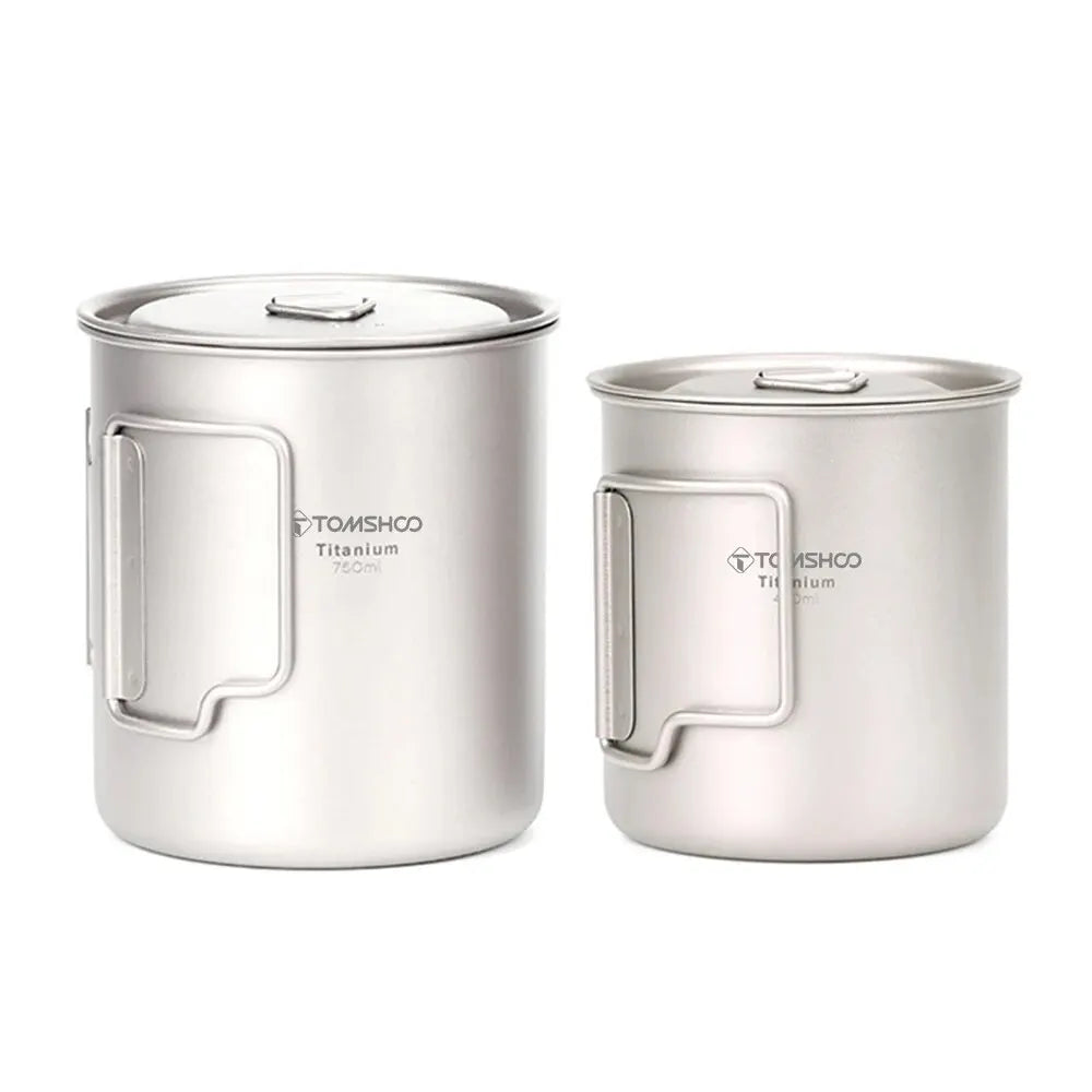 TOMSHOO Ultralight Titanium Cup Set – 2-Piece 450ml & 750ml Camping Mugs with Foldable Handles