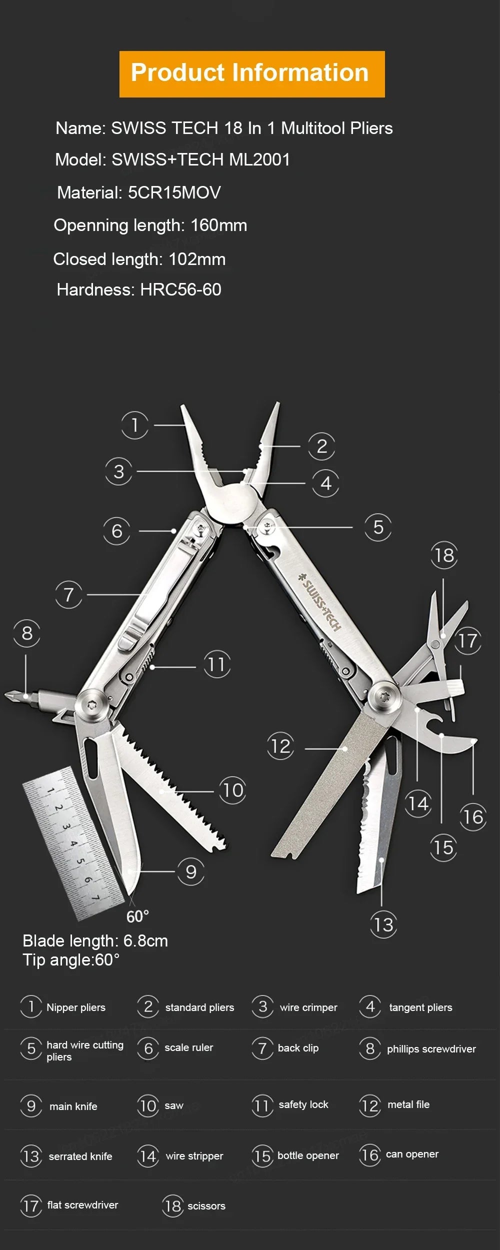 SWISS TECH 18-in-1 Multitool Folding Pliers Pocket Knife