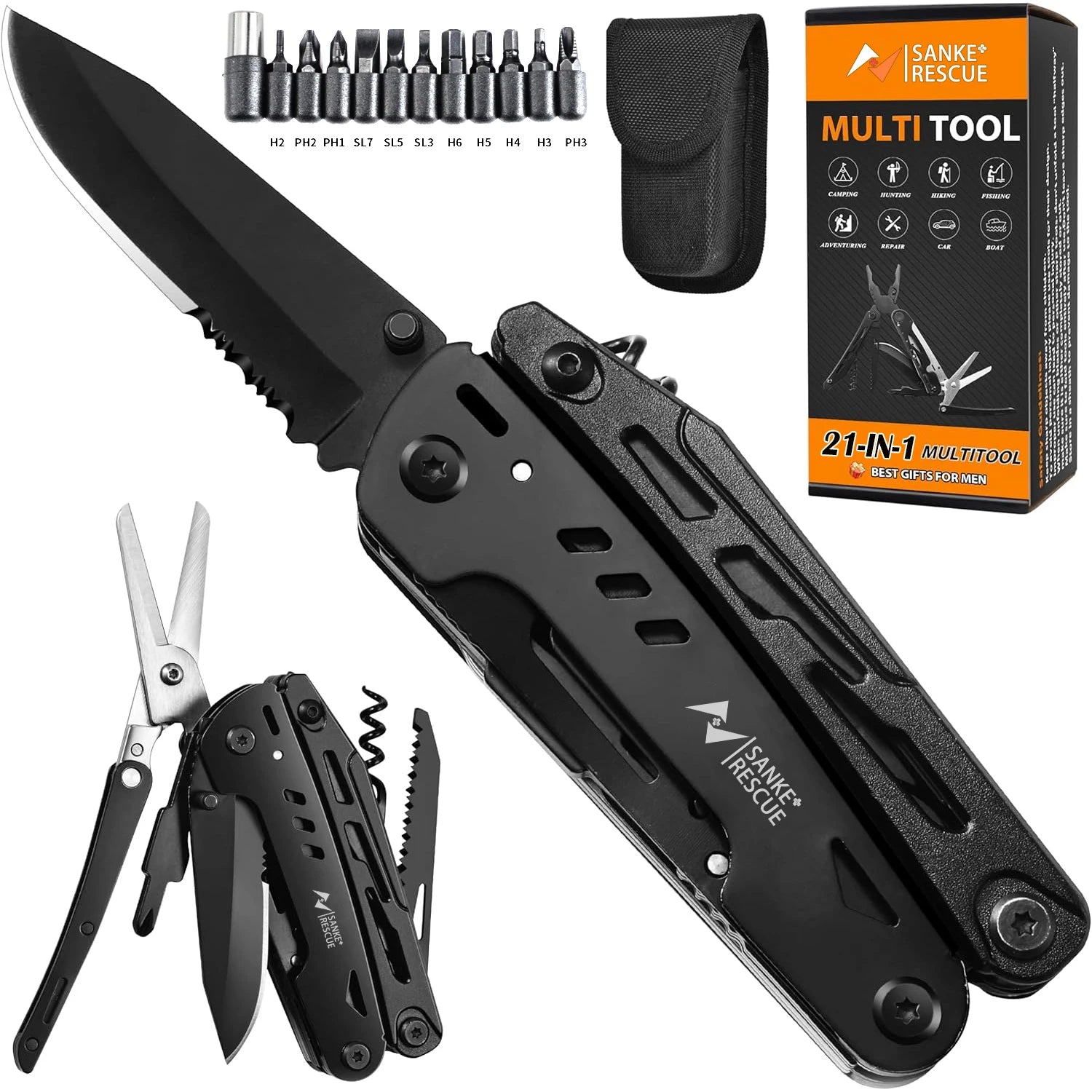 SANKE RESCUE Stainless Steel Folding Multi-Tool – 21-in-1 Camping & Survival Gear