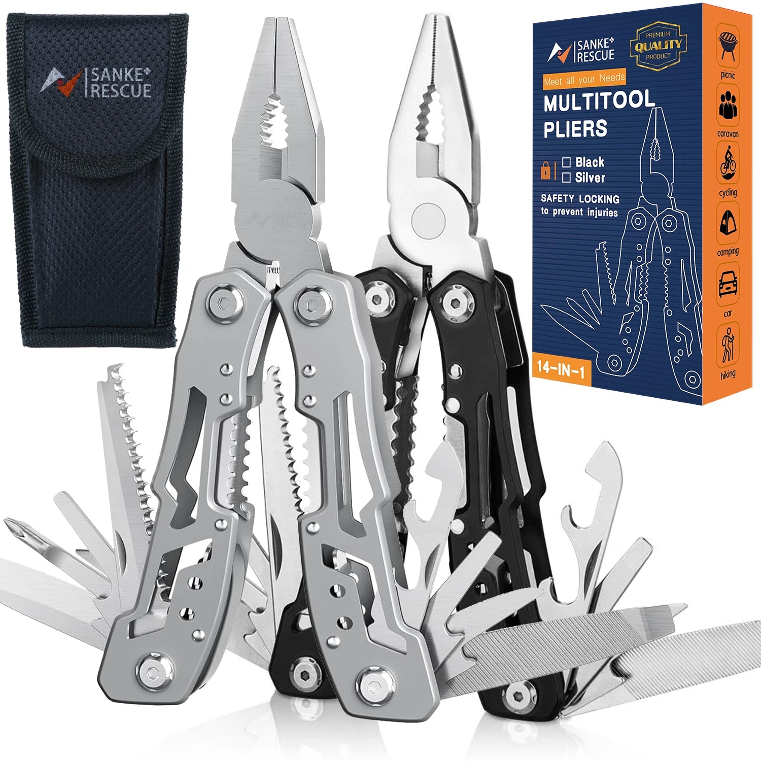 SANKE RESCUE 14-in-1 Portable Multitool with Pliers and Knife for Camping and Survival