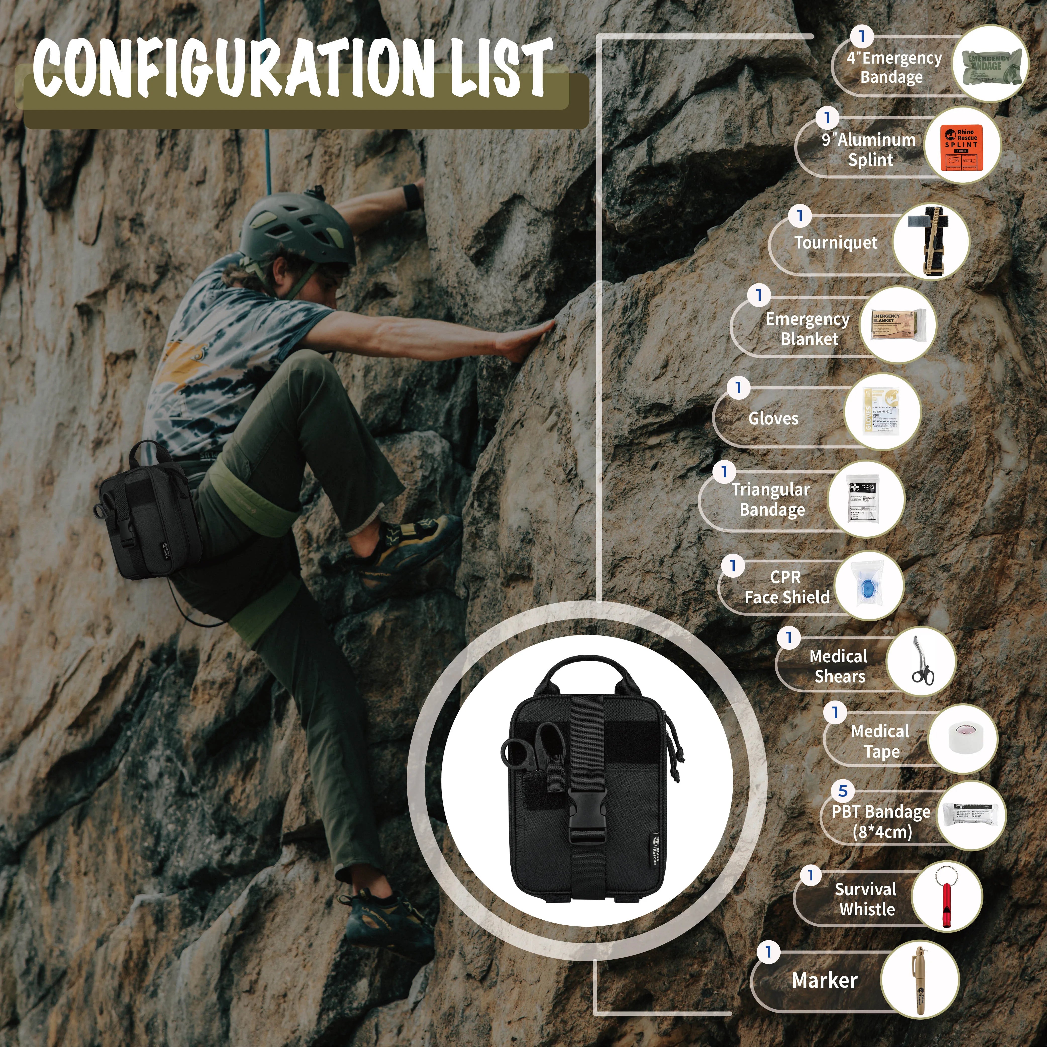 RHINO RESCUE First Aid Survival Kit – IFAK Pouch with 20 EMT Essentials for Outdoor Emergencies
