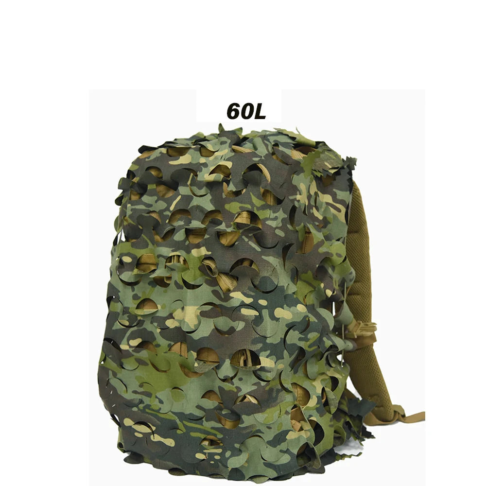 3D Camo Net Backpack Cover – Laser Cut Camouflage for Hunting & Paintball (60L/80L)