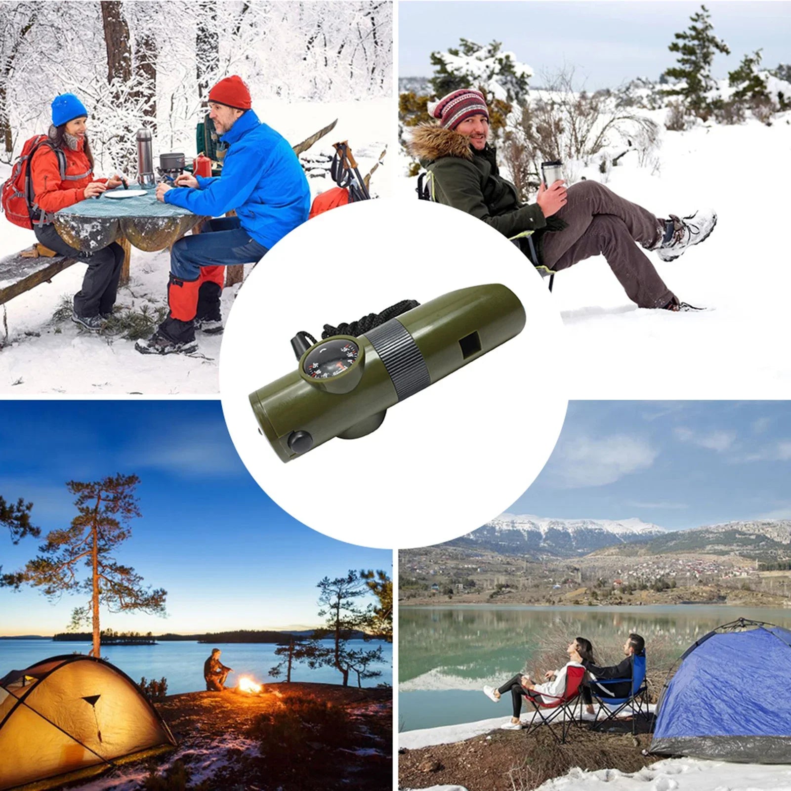 7-in-1 Survival Whistle – Bushcraft Trekking with Compass, Mirror, LED Light, Thermometer