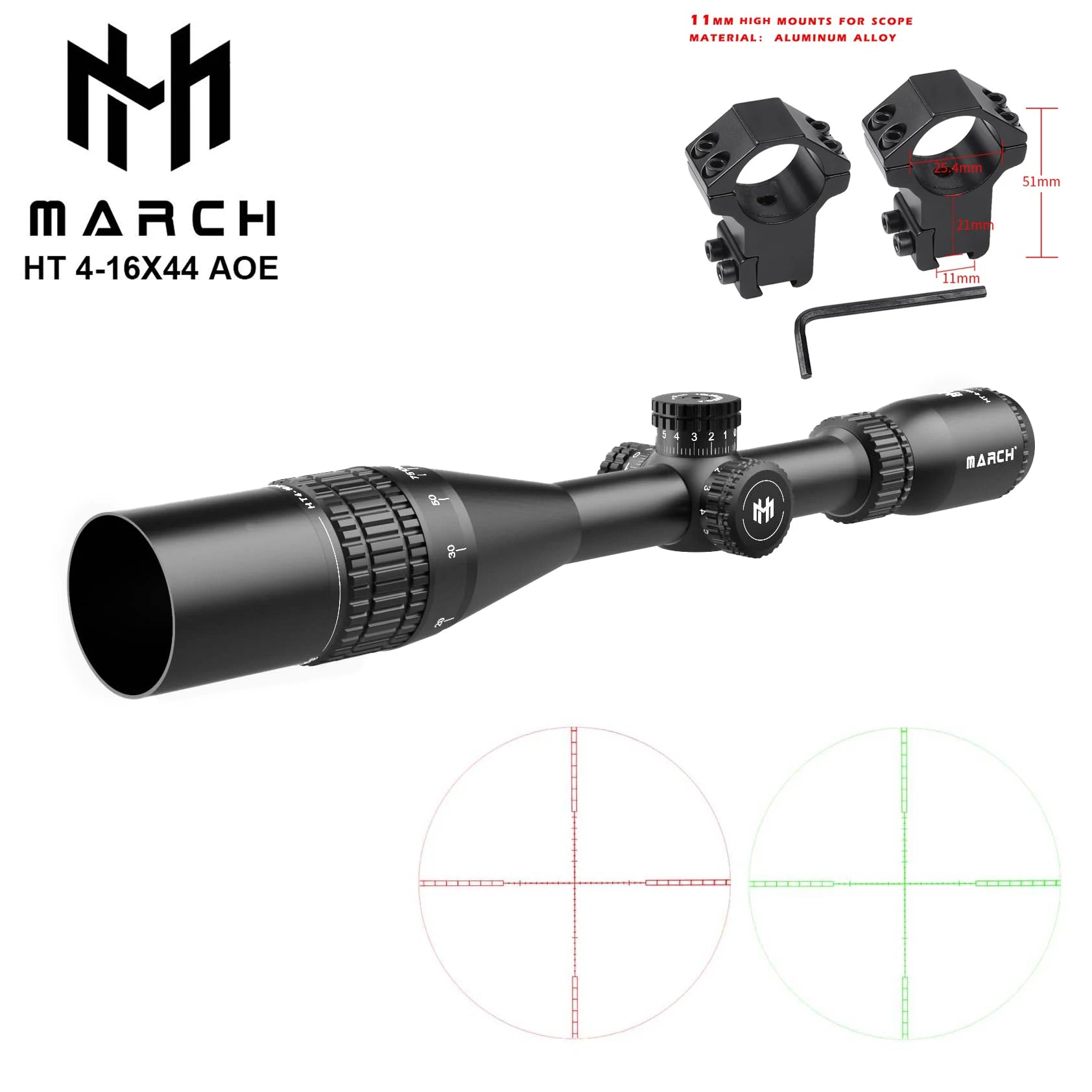 MARCH HT 4-16×44 AOE Tactical Rifle Scope - RGB Illuminated Variable Optic for Precision Hunting