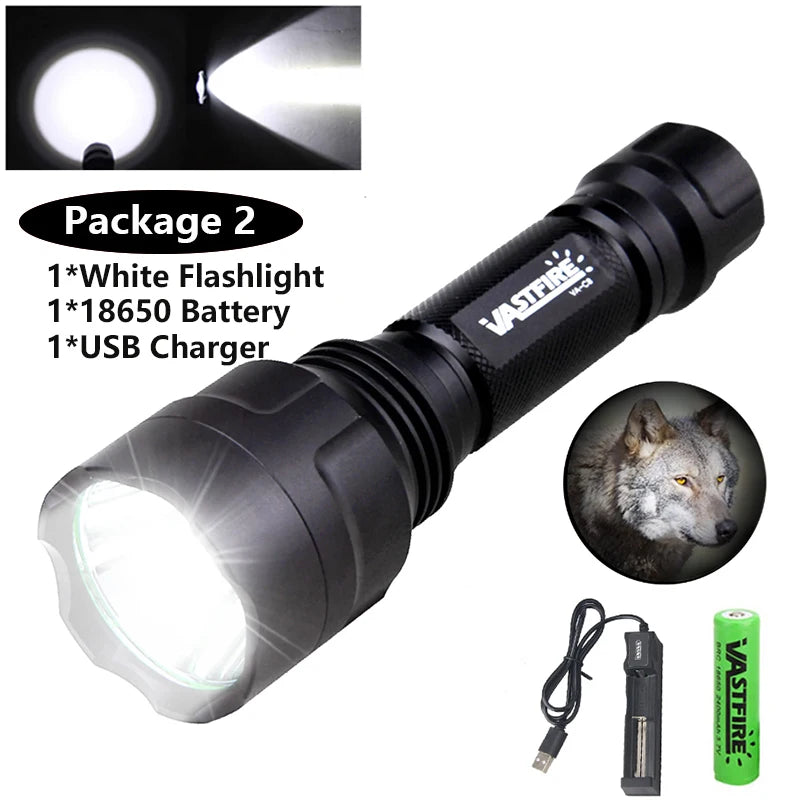 VASTFIRE C8 LED Hunting Flashlight - Multi-Color White/Green/Red Light with 18650 Battery for NZ Hunting
