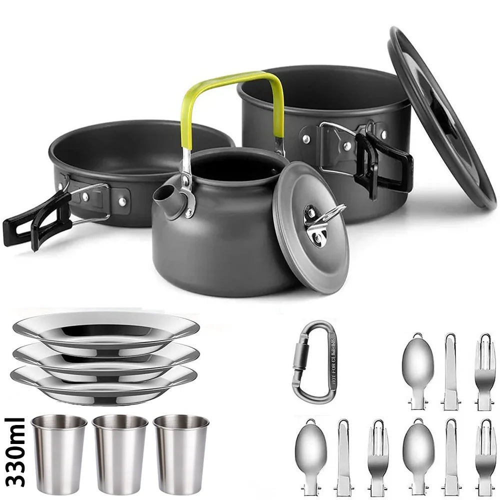 Camping Cookware Set – Non-Stick Pots, Pan & Teapot for 2-3 People, Assorted Set for Hunting