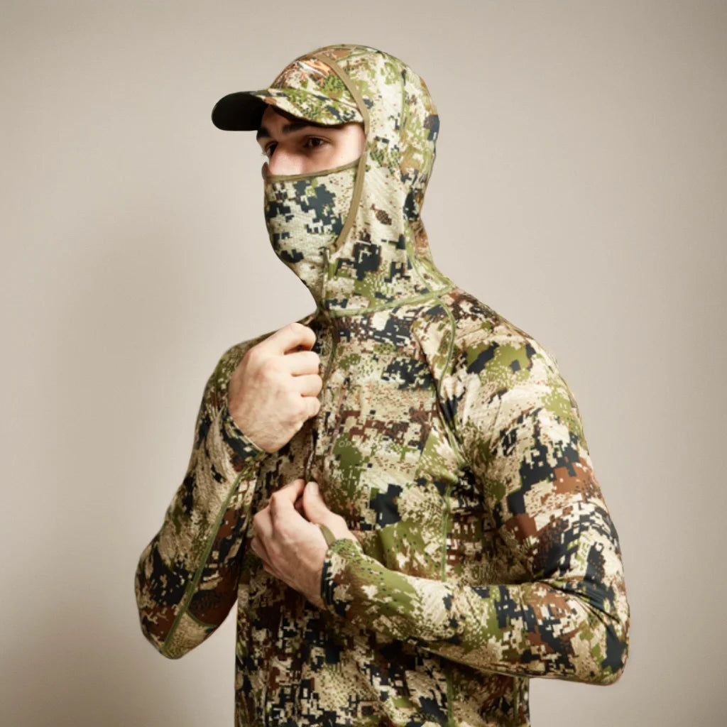AINFAD Core Lightweight Hoodie - Technical Camouflage Base Layer with Integrated Face Mask for Hunting