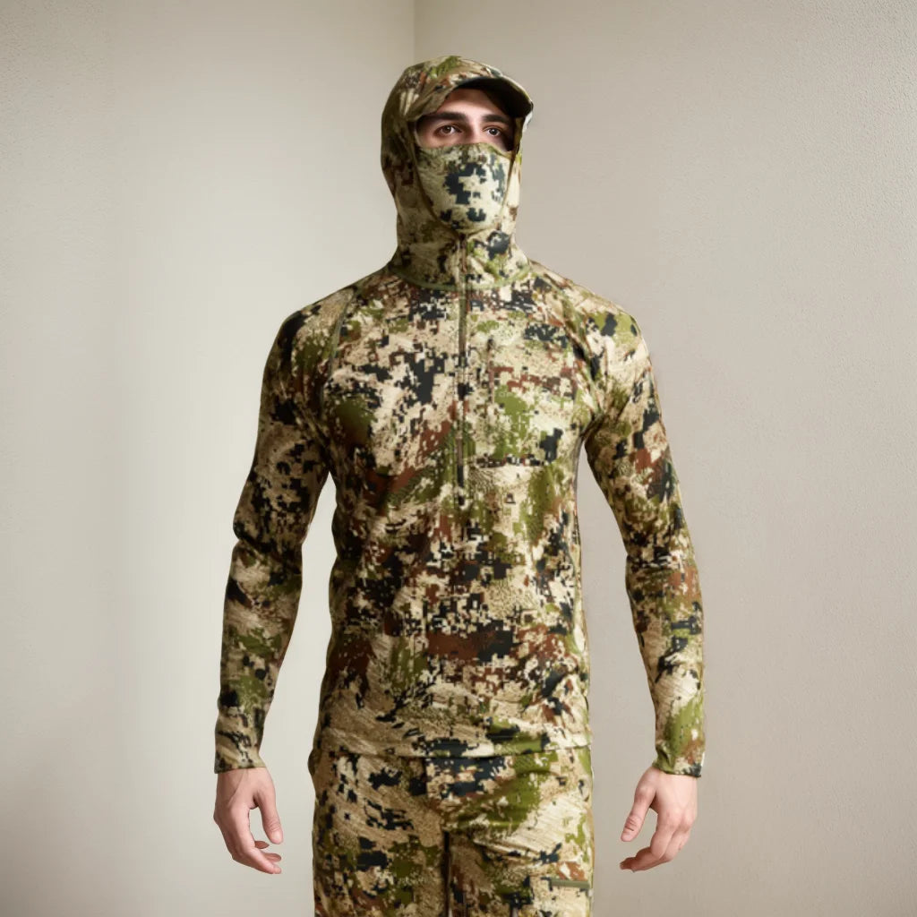 AINFAD Core Lightweight Hoodie - Technical Camouflage Base Layer with Integrated Face Mask for Hunting