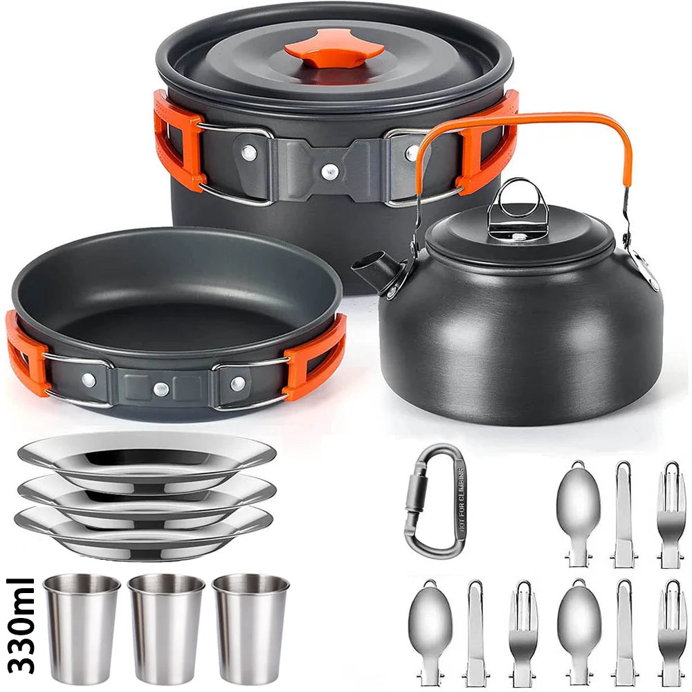 Camping Cookware Set – Non-Stick Pots, Pan & Teapot for 2-3 People, Assorted Set for Hunting