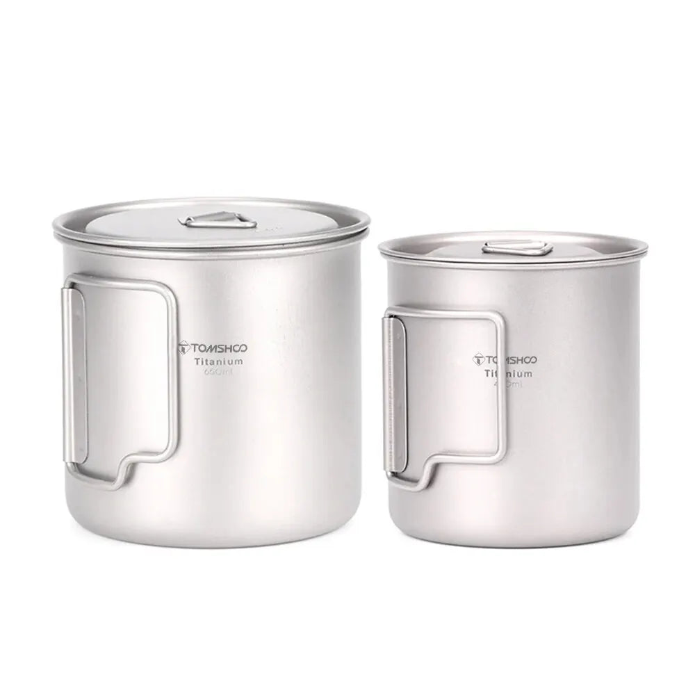 TOMSHOO Ultralight Titanium Cup Set – 2-Piece 450ml & 750ml Camping Mugs with Foldable Handles