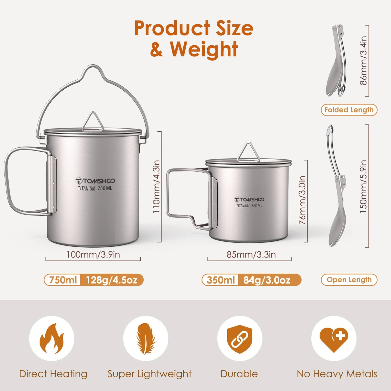 TOMSHOO 3-Piece Titanium Cookware Set – Ultralight Pot, Cup & Spork for Camping & Backpacking
