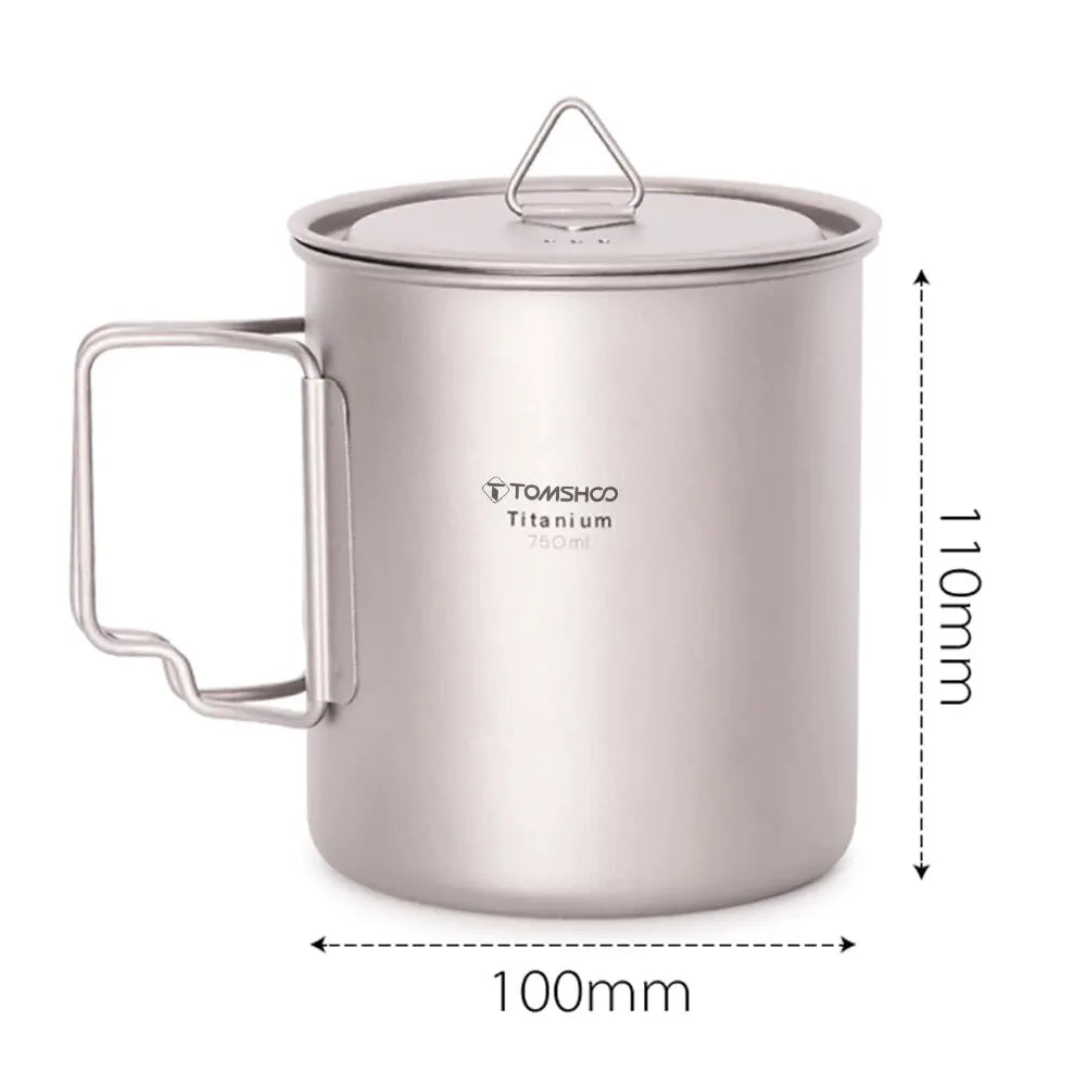TOMSHOO Ultralight Titanium Cup Set – 2-Piece 450ml & 750ml Camping Mugs with Foldable Handles