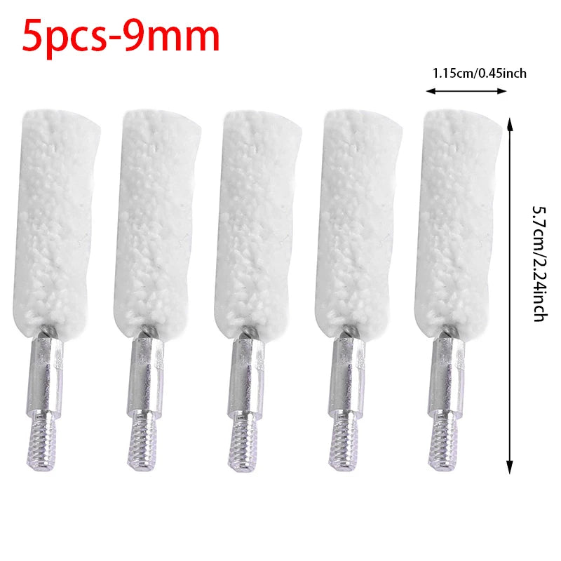 5Pcs Gun Cleaning Brush Head Kit – 9mm, .30/.300/.308cal, .22cal, .45cal, 12GA Cotton Mop Brushes