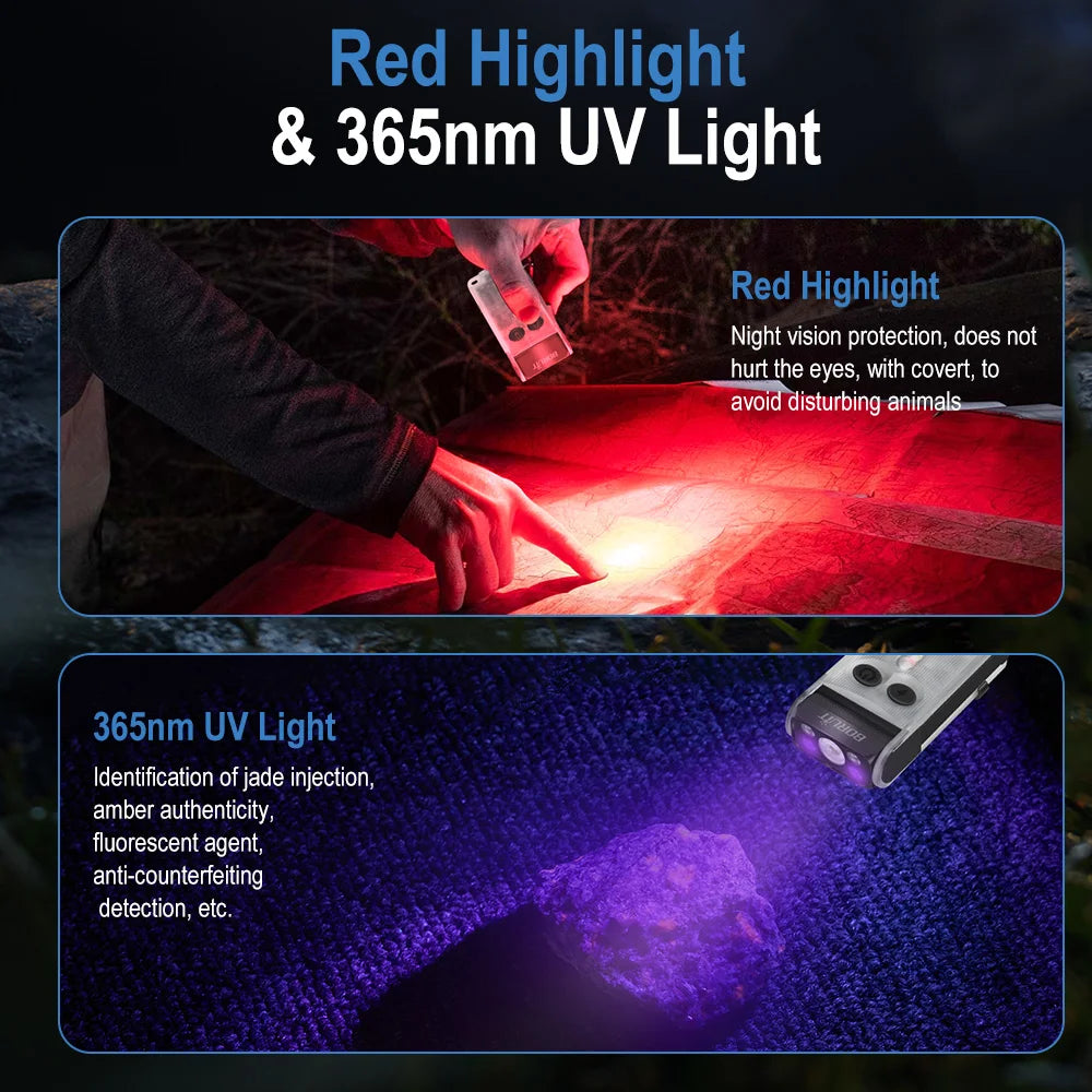 BORUIT V30 USB-C Flashlight 900lm UV Light Alarm Magnetic EDC Torch with Clip