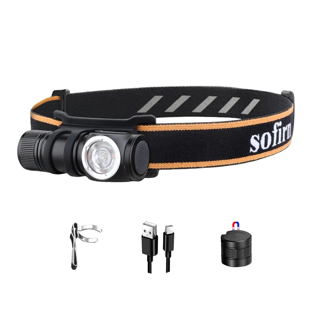 SOFIRN headlamp with accessories on a white background