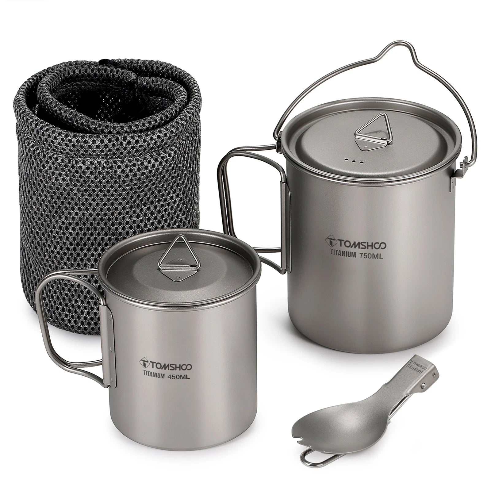 TOMSHOO 3-Piece Titanium Cookware Set – Ultralight Pot, Cup & Spork for Camping & Backpacking