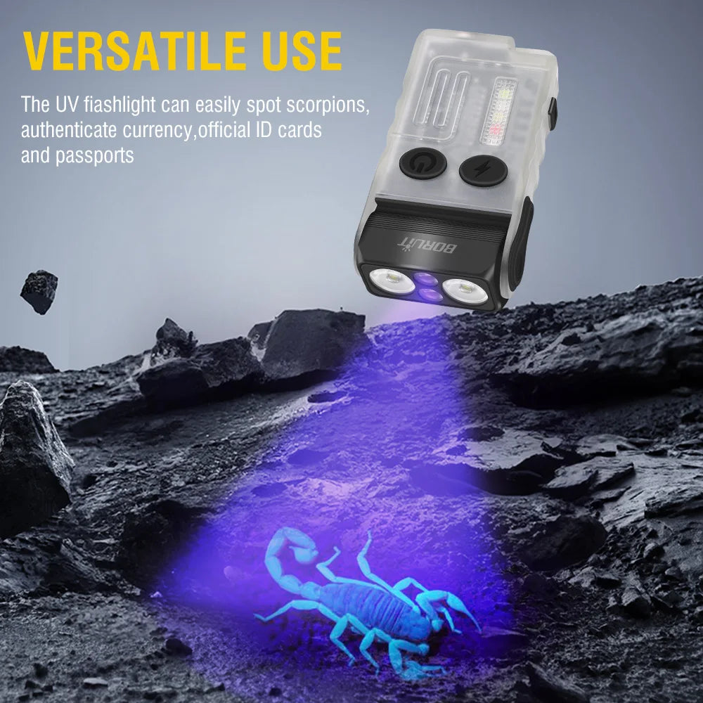 BORUIT V20-1 USB-C Flashlight 1000lm UV Light 180° Rotating EDC Torch with Magnet