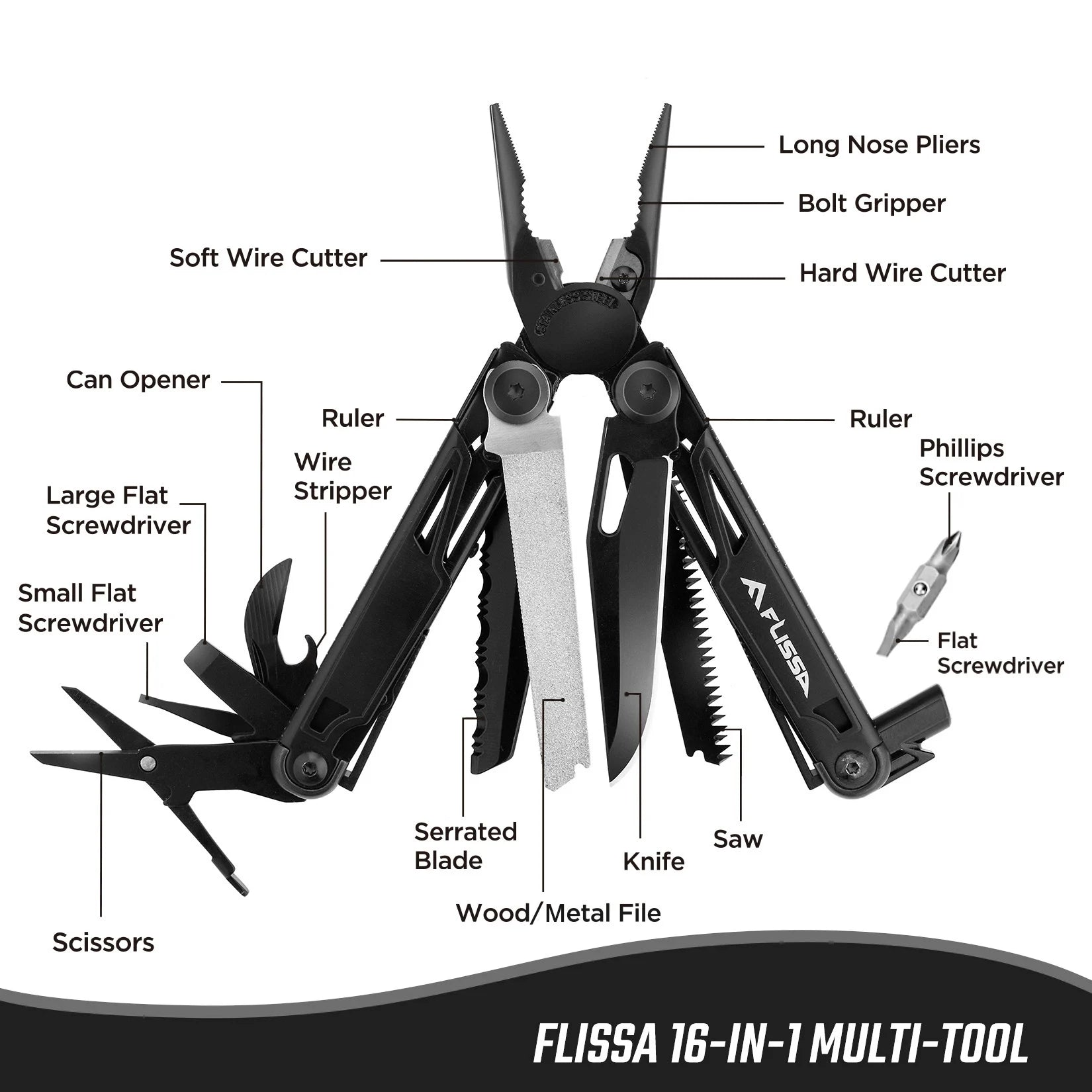 FLISSA 16-in-1 Stainless Steel Multitool Pliers Compact Folding Tool for Camping & Travel