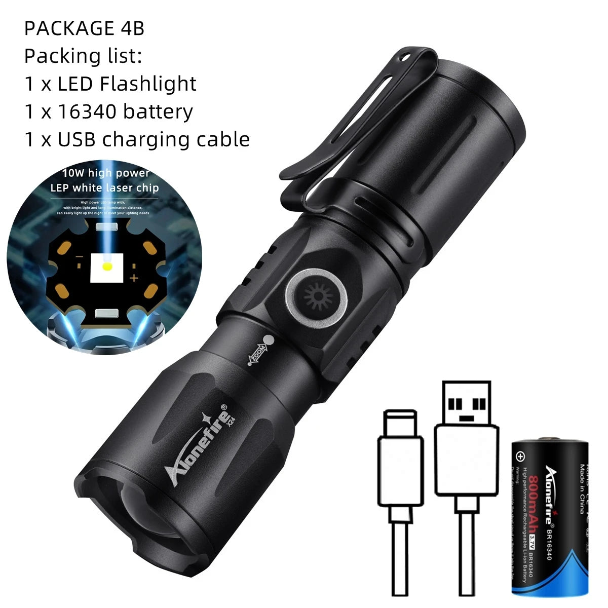 ALONEFIRE X24 Zoom Mini White Beam Flashlight – USB Rechargeable