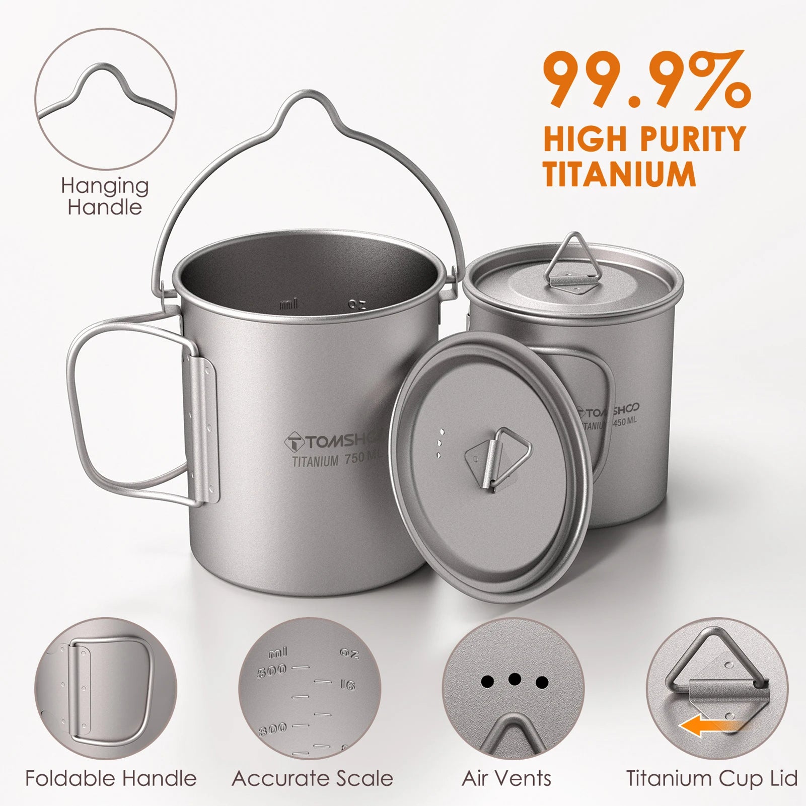 TOMSHOO 3-Piece Titanium Cookware Set – Ultralight Pot, Cup & Spork for Camping & Backpacking