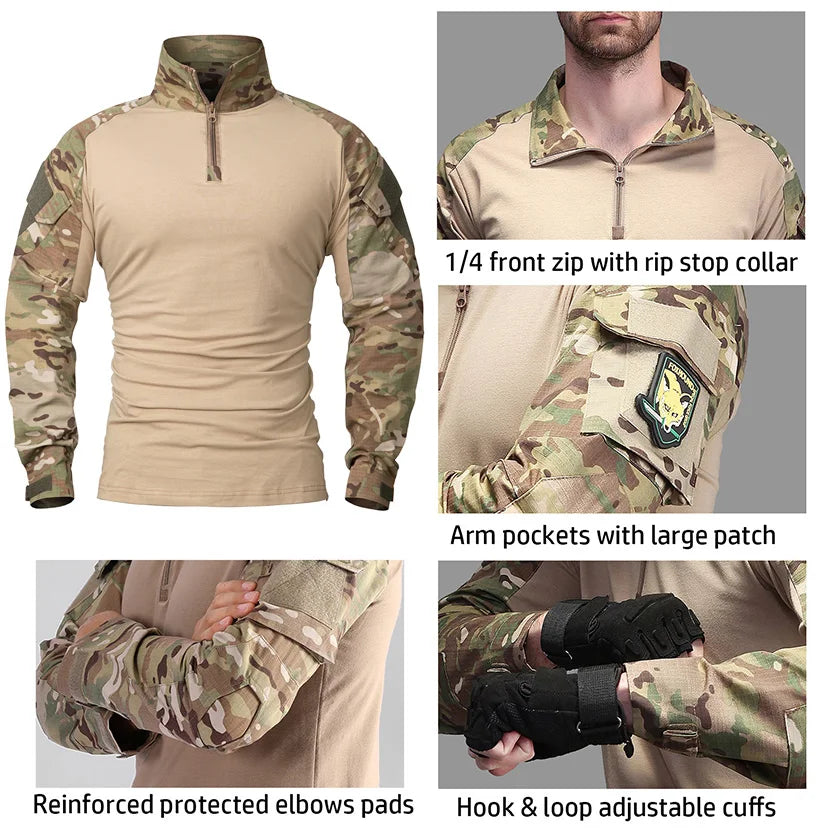 REFIRE GEAR Men's Camouflage Tactical Combat Shirt 1/4 Zip