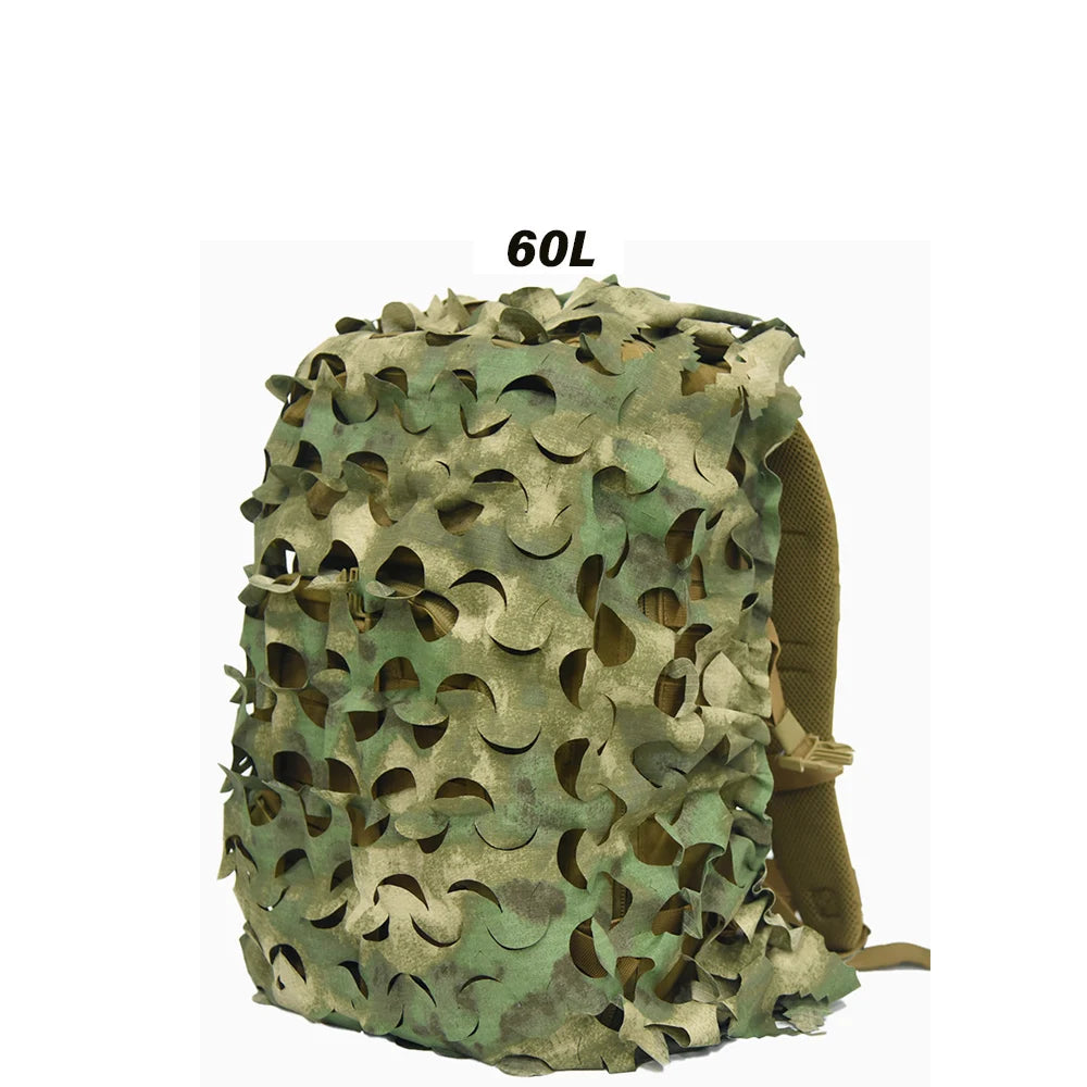 3D Camo Net Backpack Cover – Laser Cut Camouflage for Hunting & Paintball (60L/80L)