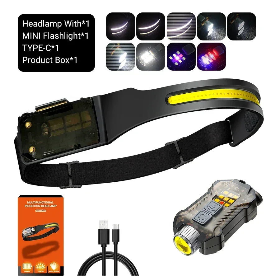 KDULIT COB LED Sensor Headlamp – USB Rechargeable 1200mAh 5-Mode Waterproof Flashlight