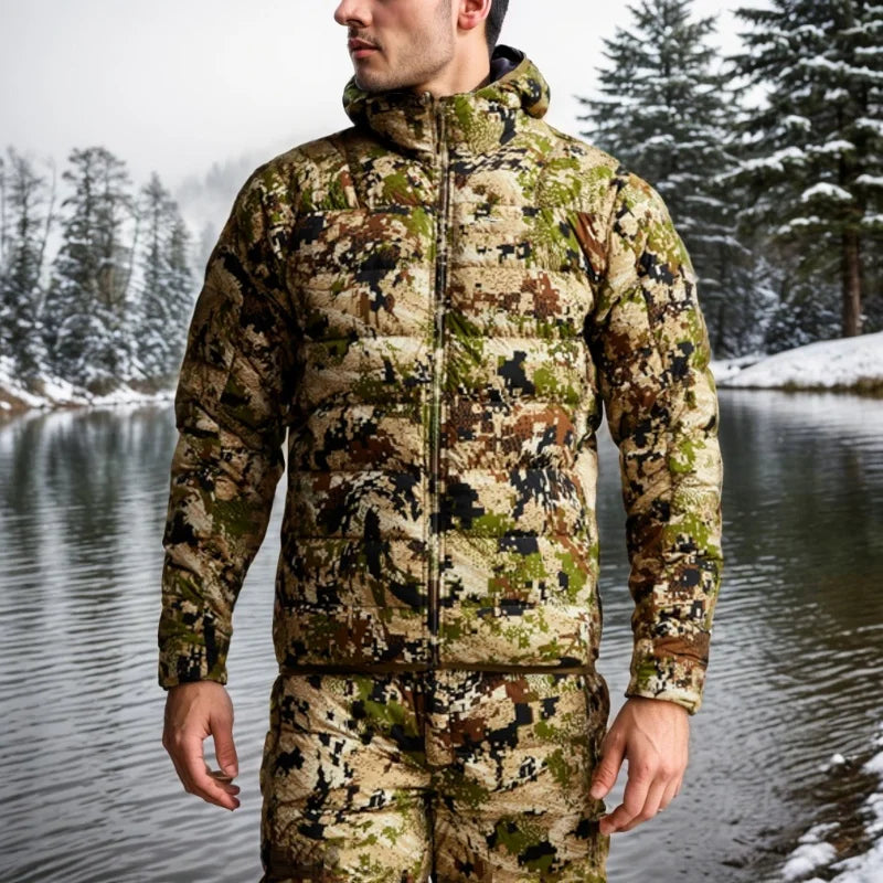 AINFAD Men's Kelvin Light Down Jacket - Winter Camouflage Fishing & Hunting Suit with WINDSTOPPER Technology