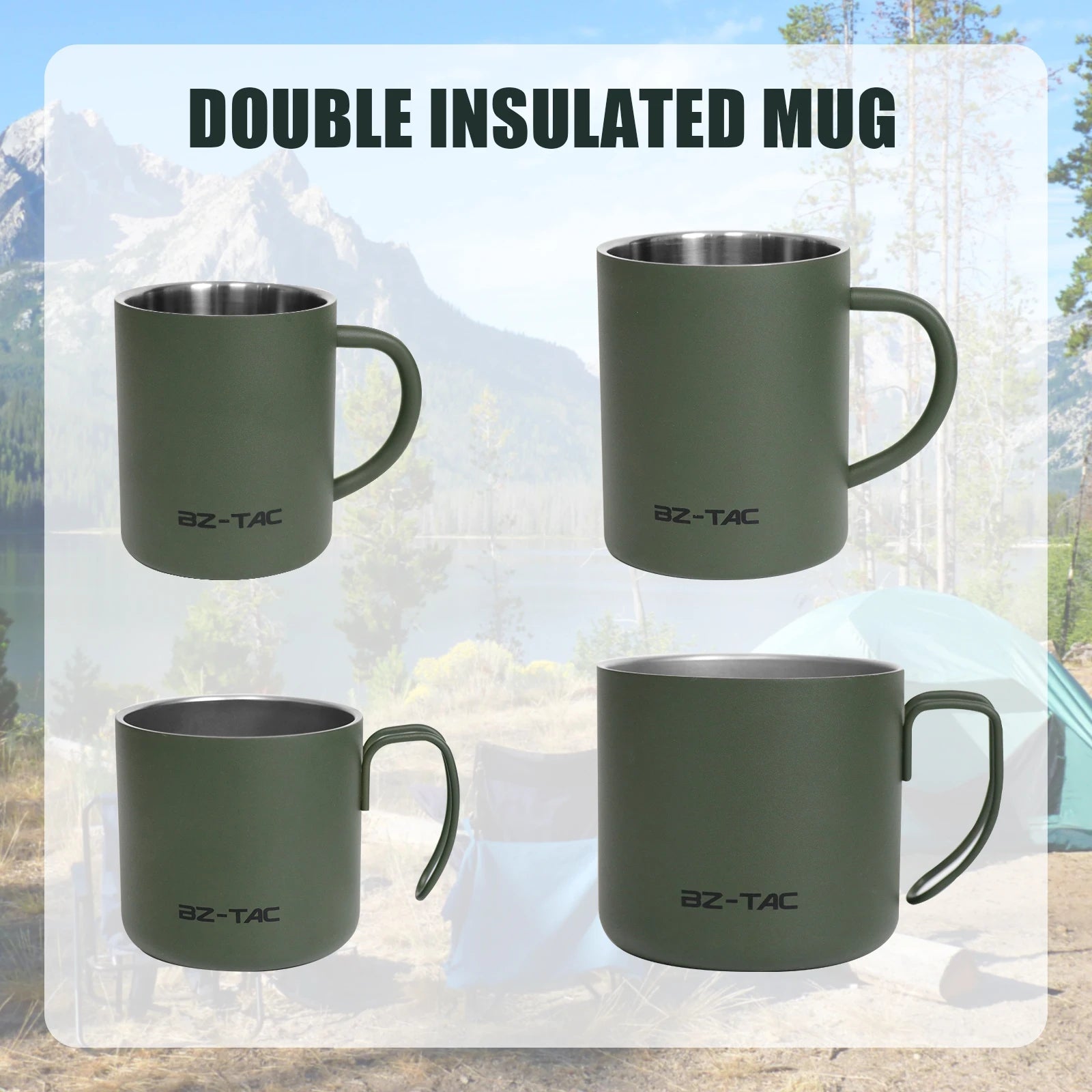 BZTAC Double Wall Stainless Steel Mug – 300/450ml Army Green Camping Cup with Handle