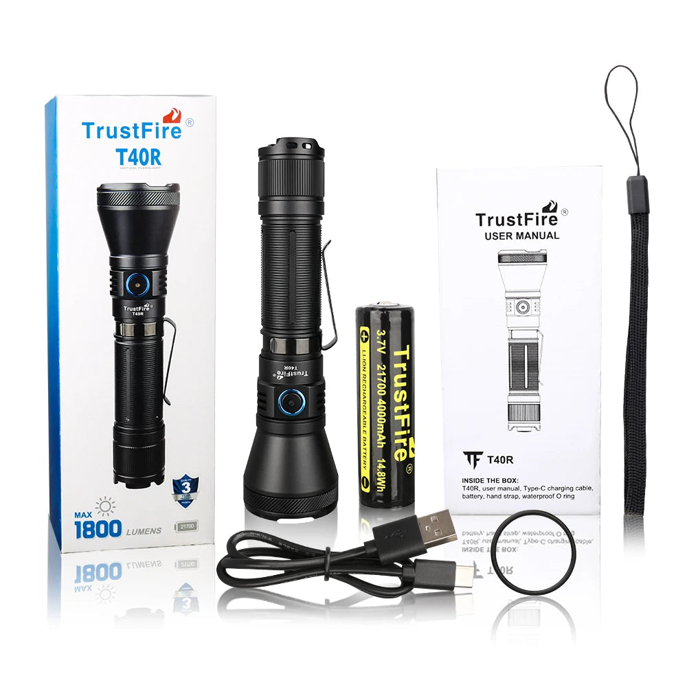 TRUSTFIRE T40R Tactical Rechargeable Flashlight – 1800LM, 550m Beam, USB-C, IP68 Waterproof