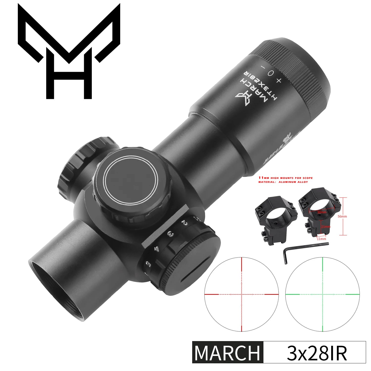MARCH H3×28 IR Fixed Rifle Scope - Compact Illuminated Optic with Mounts for CQB & Hunting