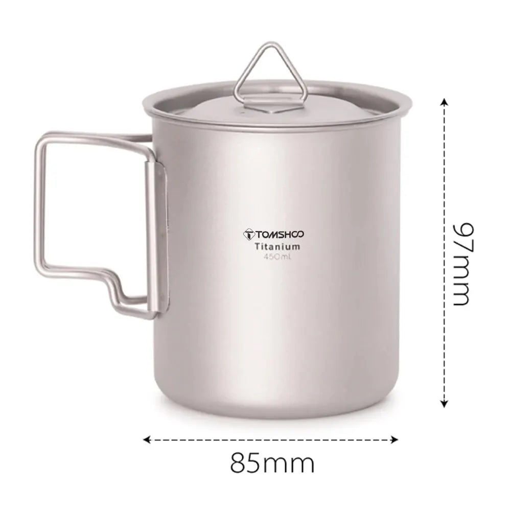 TOMSHOO Ultralight Titanium Cup Set – 2-Piece 450ml & 750ml Camping Mugs with Foldable Handles