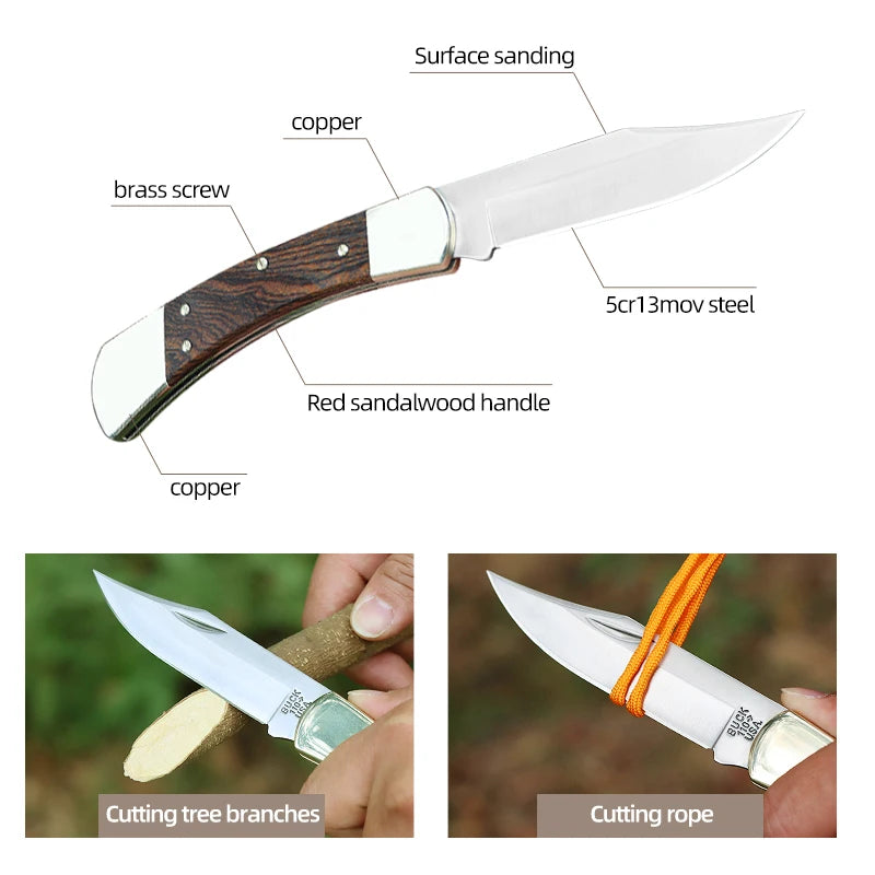 Outdoor Folding Knife – Stainless Steel Blade with Brass & Mahogany Handle for Hunting & Camping