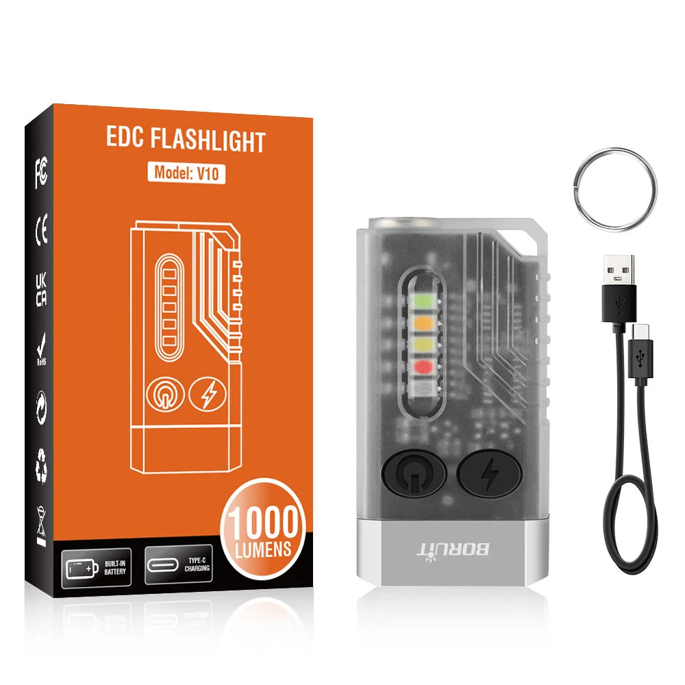 BORUIT V10 USB-C Rechargeable Keychain Flashlight 1000lm Mini Torch with UV and Magnet