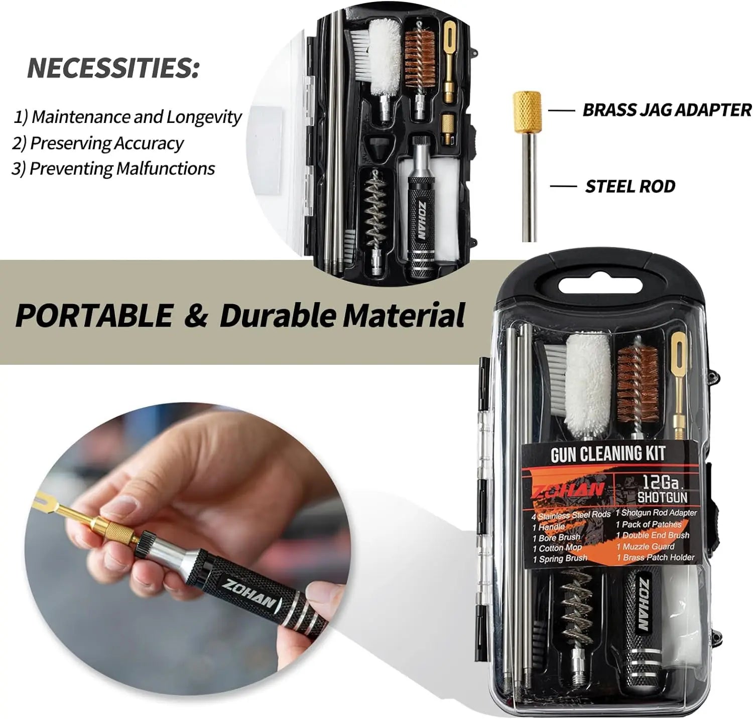 ZOHAN Universal Gun Cleaning Kit for 12 Gauge Shotgun – Portable Barrel Cleaner Tool