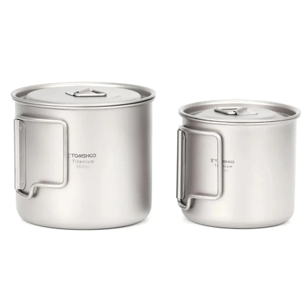 TOMSHOO Ultralight Titanium Cup Set – 2-Piece 450ml & 750ml Camping Mugs with Foldable Handles