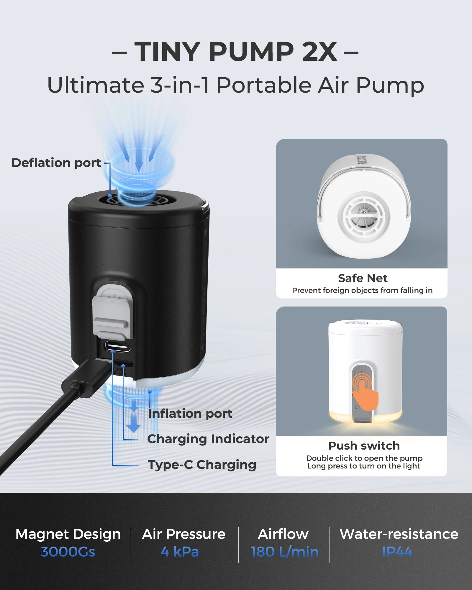 FLEXTAILGEAR TINY PUMP 2X – Portable Air Pump with Camping Light & 1600mAh Battery