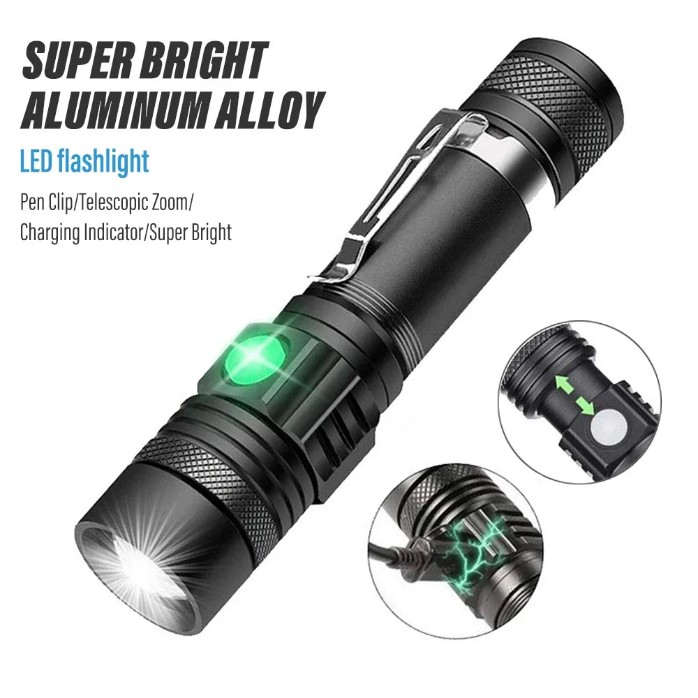 High-Power Zoomable LED Flashlight – Waterproof Rechargeable Camping Torch, 4 Lighting Modes