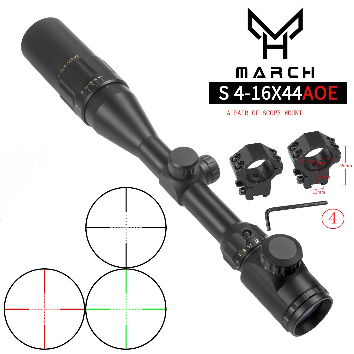 MARCH S 4-16×44 AOE Tactical Rifle Scope - Illuminated Variable Optic for Precision Hunting