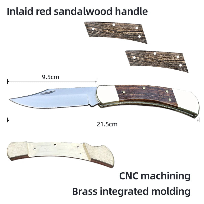 Outdoor Folding Knife – Stainless Steel Blade with Brass & Mahogany Handle for Hunting & Camping