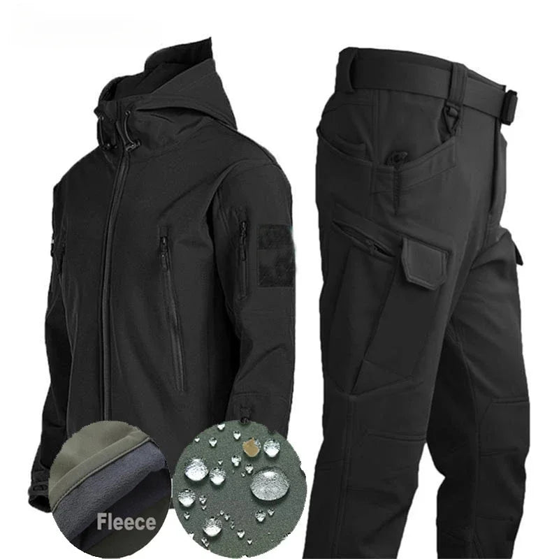 Men's Tactical Soft Shell Winter Hunting Set - Windproof Velvet-Lined Two-Piece Outdoor Suit