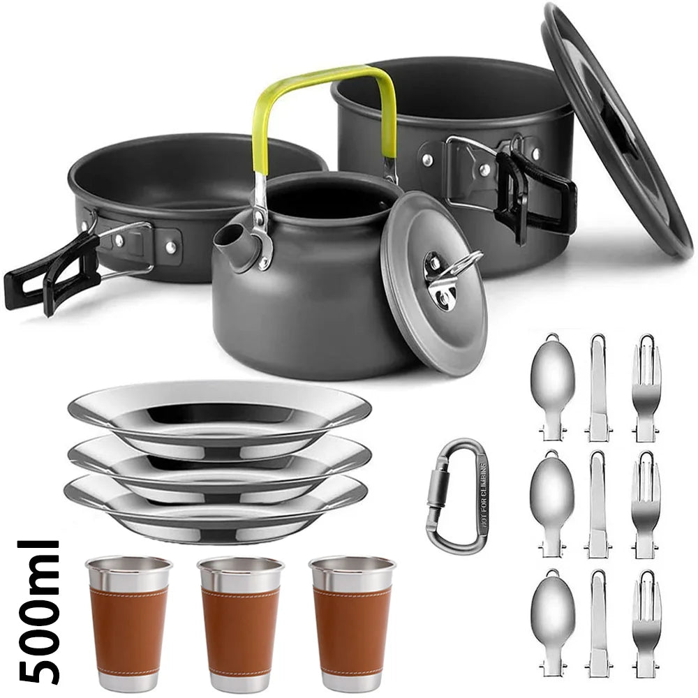Camping Cookware Set – Non-Stick Pots, Pan & Teapot for 2-3 People, Assorted Set for Hunting