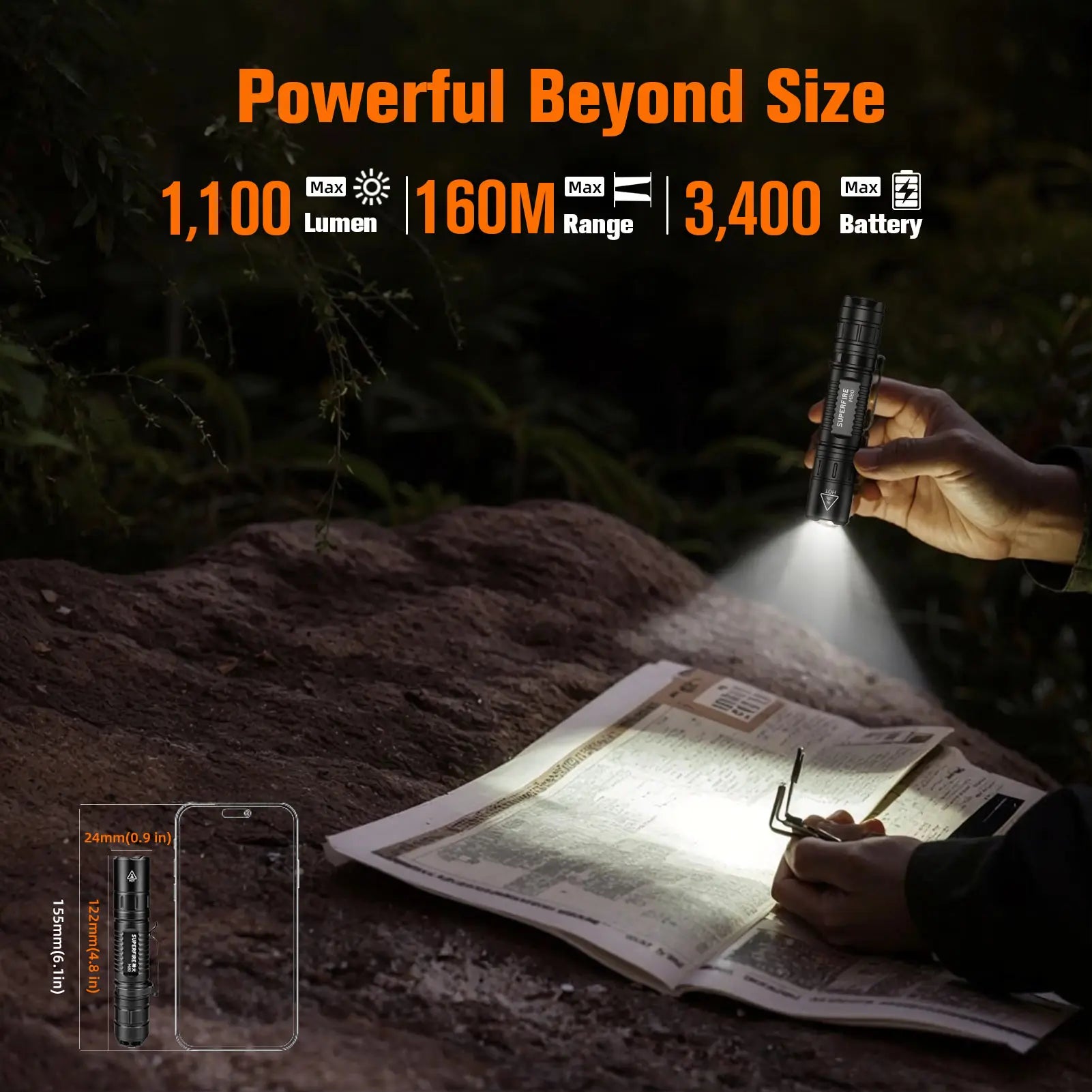 SUPERFIRE MI80-S High Power LED Flashlight – 1100LM Super Bright Portable EDC Torch for Outdoor & Camping