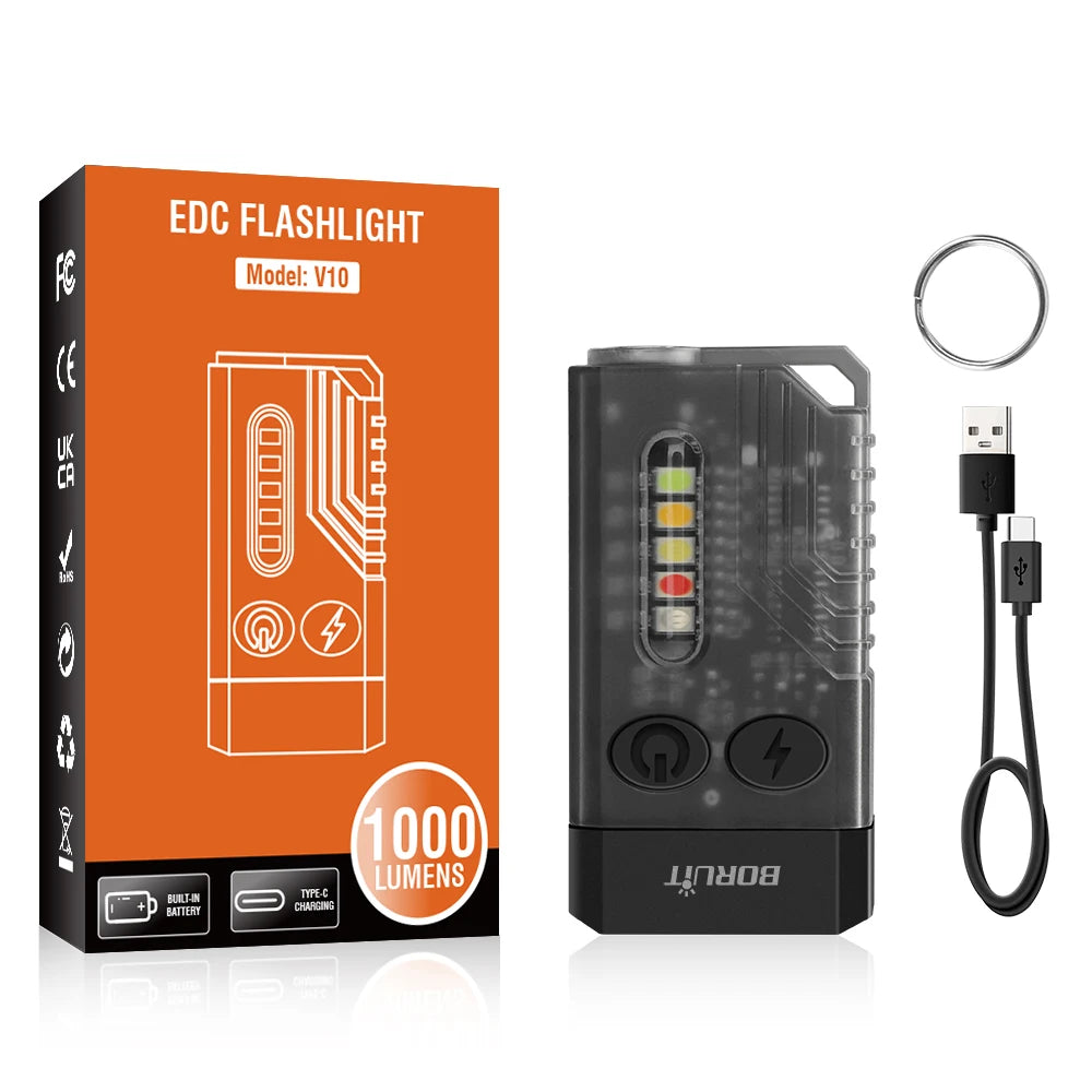 BORUIT V10 USB-C Rechargeable Keychain Flashlight 1000lm Mini Torch with UV and Magnet