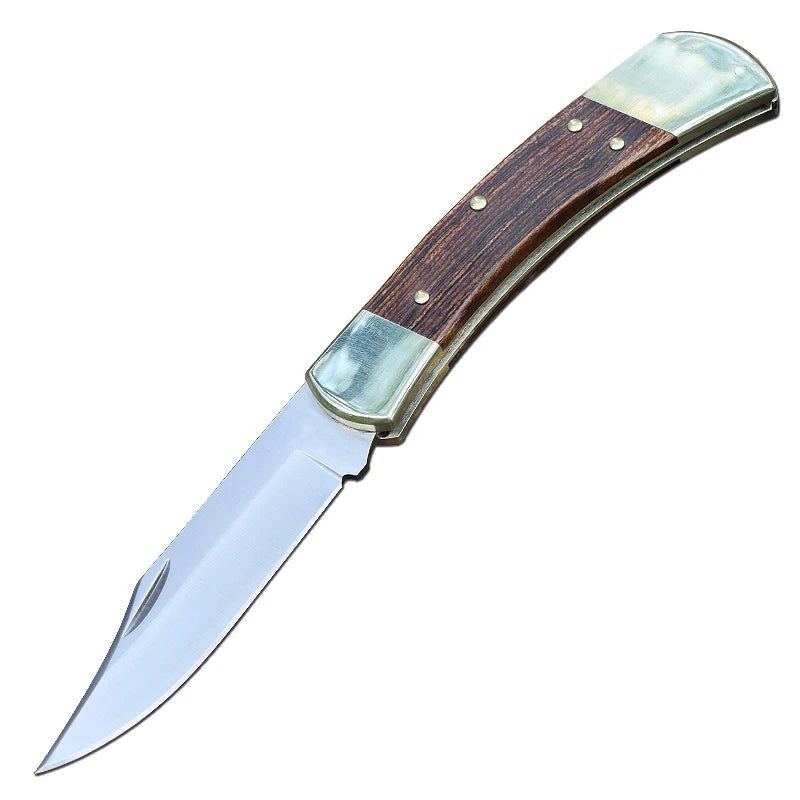 Outdoor Folding Knife – Stainless Steel Blade with Brass & Mahogany Handle for Hunting & Camping