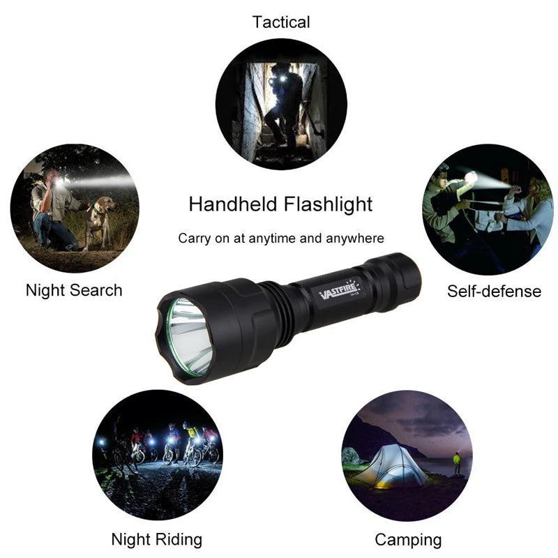 VASTFIRE C8 LED Hunting Flashlight - Multi-Color White/Green/Red Light with 18650 Battery for NZ Hunting
