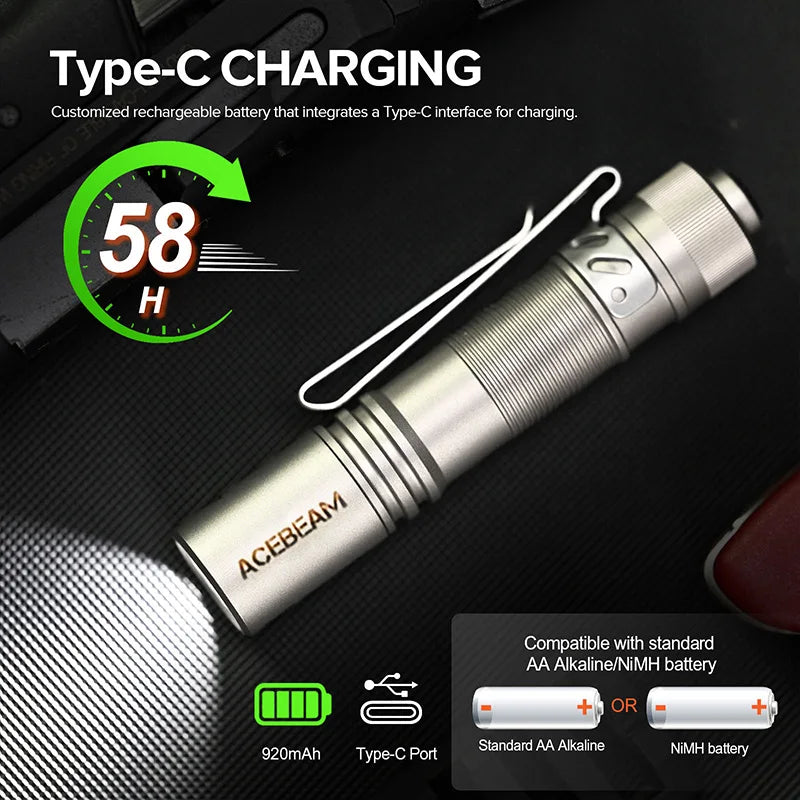 ACEBEAM Pokelit AA Titanium 1000 Lumen EDC USB-C Flashlight