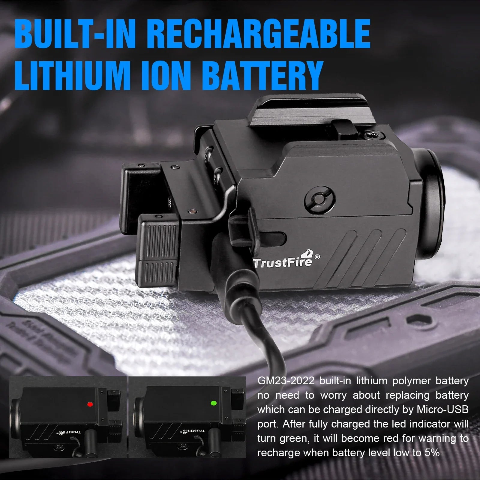 TRUSTFIRE GM23 – 800 Lumen USB Rechargeable Mini Flashlight with Quick-Release Rail Mount