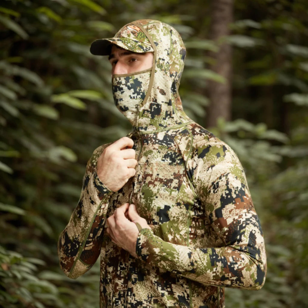 AINFAD Core Lightweight Hoodie - Technical Camouflage Base Layer with Integrated Face Mask for Hunting