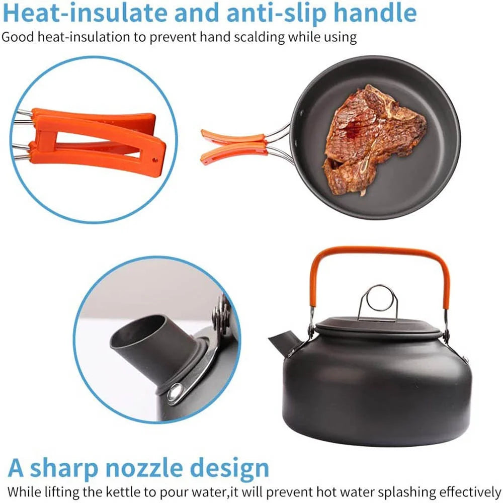 Camping Cookware Set – Non-Stick Pots, Pan & Teapot for 2-3 People, Assorted Set for Hunting